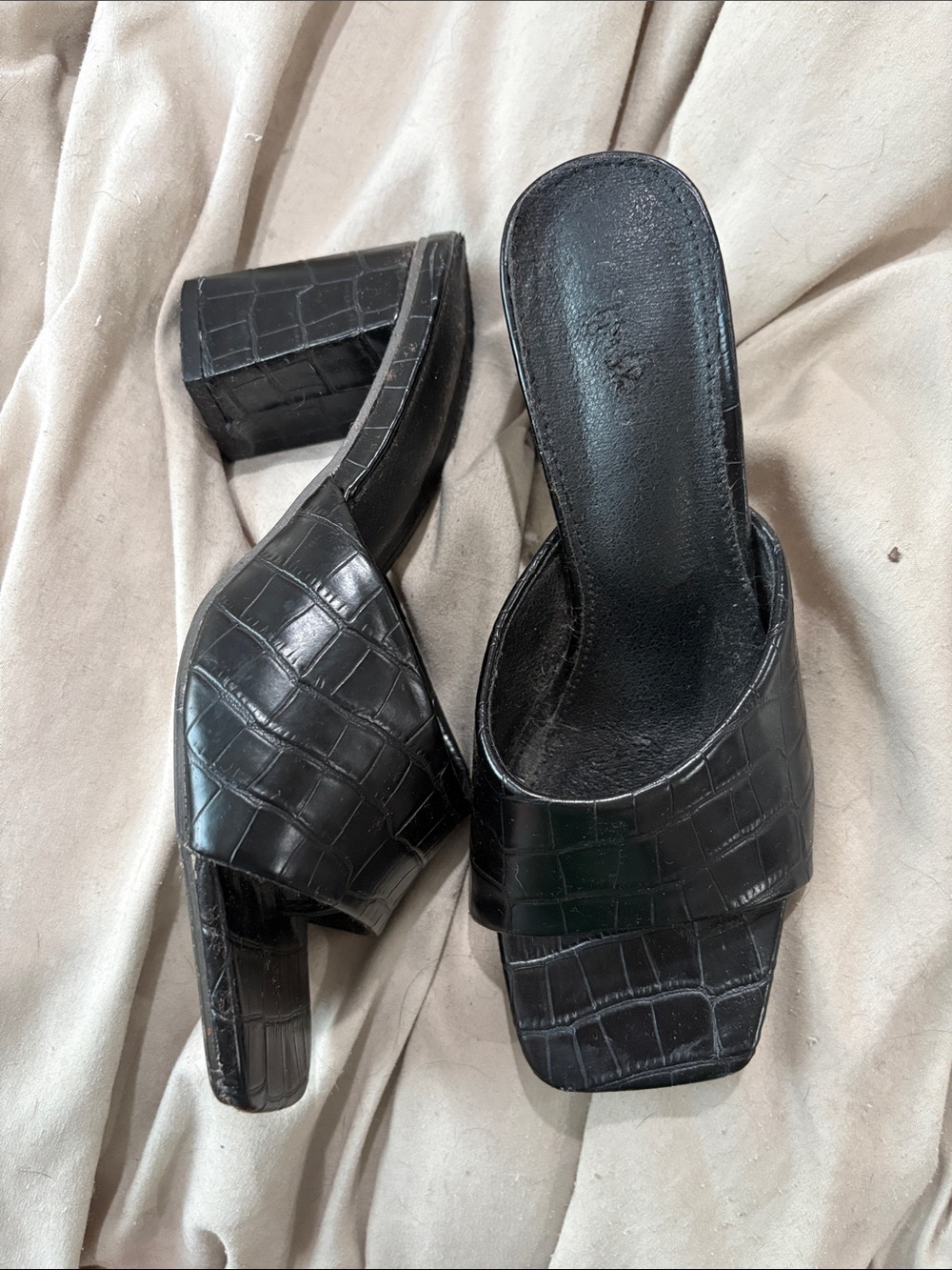 Black Croc-Embossed Block Heel Slide Sandals - Women